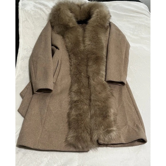 Marciano By Guess Wool Blend Coat Womens Size 2 Tan Camel Faux Fur Trim Belted - Picture 1 of 16